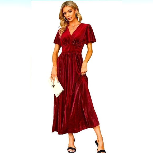 Simplee Boho Floral Maxi Dress Flowy Casual V Neck Short Sleeve Long Dress Sz S - Picture 1 of 5